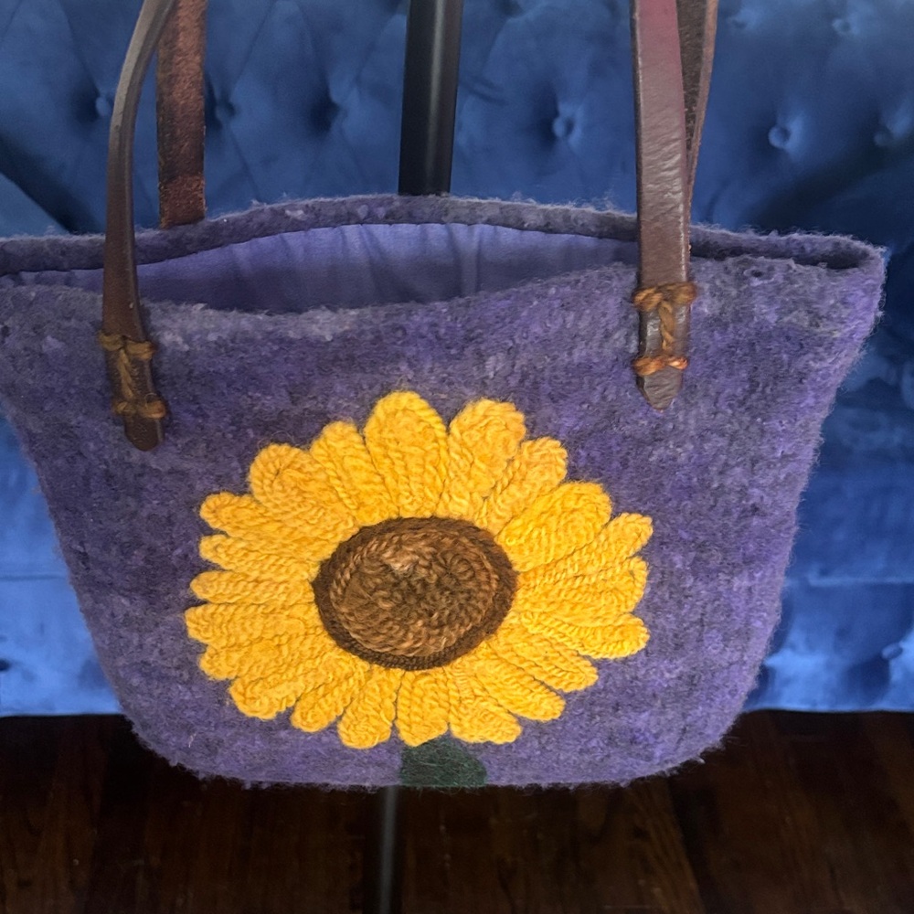 Purple Wool Sunflower Tote with Leather Handles